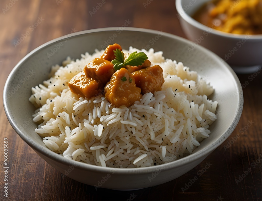 A steaming bowl of fluffy rice served with curry A steaming bowl of fluffy rice served with curry