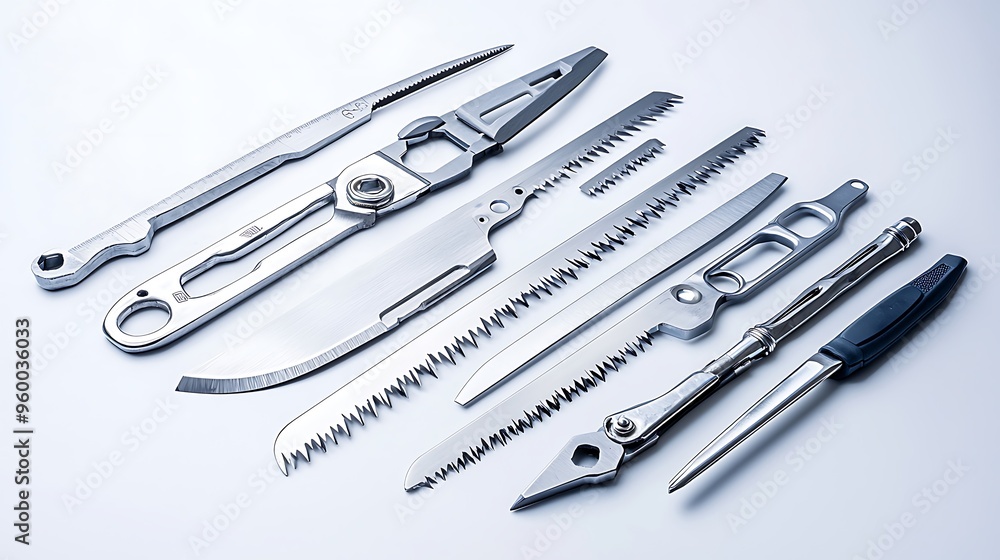 A set of professional multi-tool knives with saw blades, arranged neatly against a white background. A set of professional multi-tool knives with saw blades, arranged neatly against a white background.
