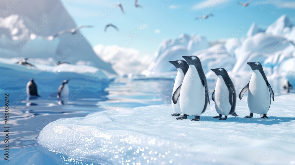 Fototapeta premium View of a penguin colony on ice flat design front view polar life theme 3D render vivid