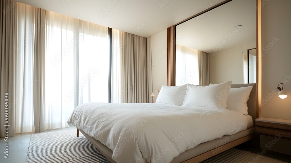 Obraz premium A photograph showcasing a modern minimalist bedroom interior with a simple bed a large wall mirror and floor to ceiling drapes creating a serene and sophisticated ambiance The clean