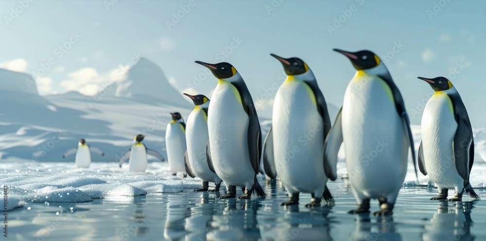 Fototapeta premium View of a penguin colony on ice flat design front view polar life theme 3D render vivid