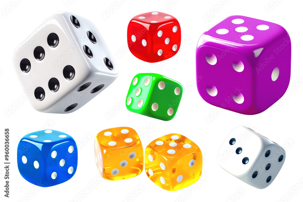 PNG 3D colorful dice element set, transparent background PNG 3D colorful dice element set, transparent background