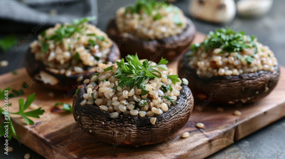 Stuffed Portobello Mushrooms on a Decorated Plate. Portobello Mushrooms Stuffed with Barley Risotto Stuffed Portobello Mushrooms on a Decorated Plate. Portobello Mushrooms Stuffed with Barley Risotto