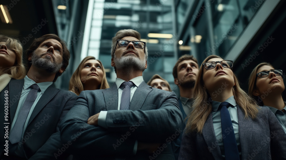 Obraz premium A group of business professionals in formal attire standing outdoors in an urban setting looking up, possibly at a skyscraper or an innovation. They appear contemplative and resolute.