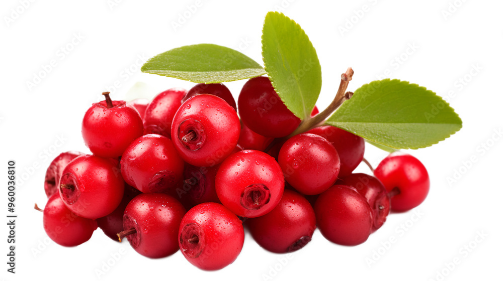 a bunch of red berries with green leaves. a bunch of red berries with green leaves.