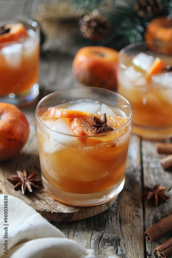 Autumnal Orange Cocktail on Textured Background with Persimmons. Persimmon Old Fashioned Autumnal Orange Cocktail on Textured Background with Persimmons. Persimmon Old Fashioned