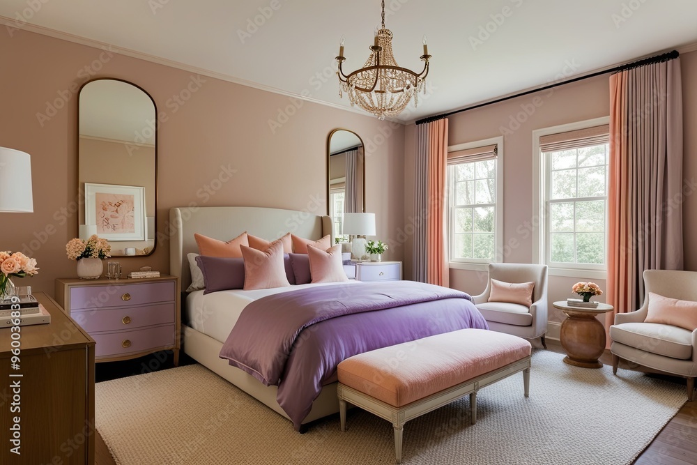 Chic Bedroom Design in Soft Beige Lavender and Peach Tones Cozy Retreat with Stylish Furnishings and Luxurious Bedding Chic Bedroom Design in Soft Beige Lavender and Peach Tones Cozy Retreat with Stylish Furnishings and Luxurious Bedding