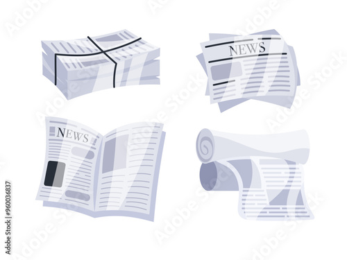 Set of illustrations representing newspapers folded, rolled and stacked