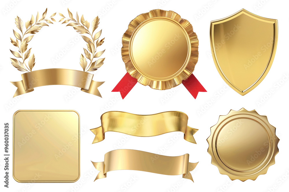 PNG gold badge element set, transparent background PNG gold badge element set, transparent background