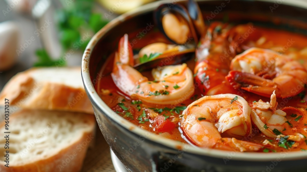 Seafood Stew in Pot Held by Hands Seafood Stew in Pot Held by Hands