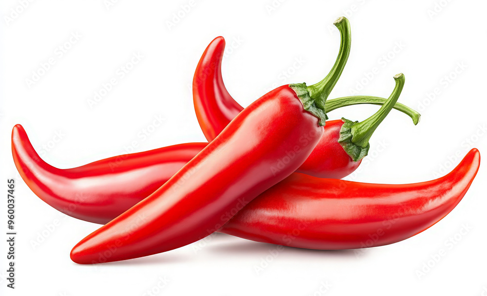 Three red chili peppers with green stems isolated on a white background. Three red chili peppers with green stems isolated on a white background.