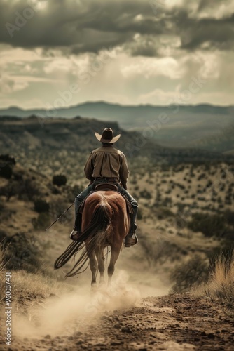 Cowboy Riding Horse in Rustic Landscape at Sunset