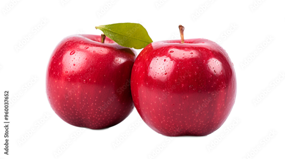 a pair of red apples with green leaves. a pair of red apples with green leaves.