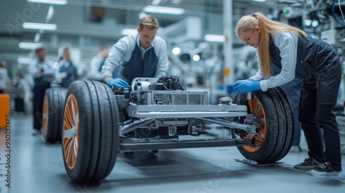 Engineers Assembling Electric Vehicle Chassis