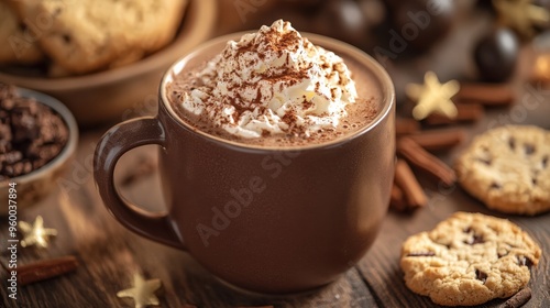 A steaming mug of vegan hot chocolate features a generous layer of whipped cream and is accompanied by gluten-free cookies and chocolate pieces on a wooden table