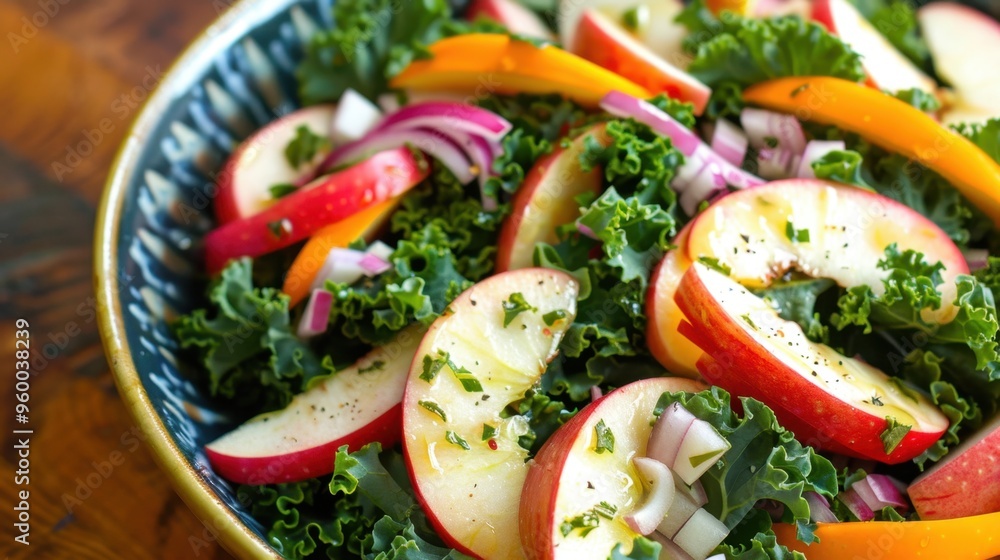 Fresh Kale Salad with Apples and Vegetables on Wooden Table. Fall Harvest Honeycrisp Apple and Kale Salad Fresh Kale Salad with Apples and Vegetables on Wooden Table. Fall Harvest Honeycrisp Apple and Kale Salad