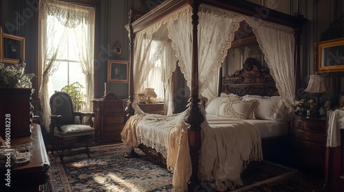 Elegant and Cozy Vintage Bedroom Setting with a Stunning Four Poster Bed Delicate Lace Curtains and Ornate Decor Elements Creating a Peaceful and Romantic Atmosphere