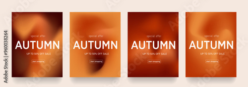 Autumn Gradient Design. Set Fluid Texture with Brown, Orange, Red Colors. Background Retro Art for Advertising, Web, Social Media, Poster, Banner, Cover. Sale offer 50%. Vector Illustration