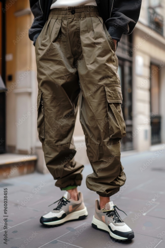 Trendy Urban Streetwear: Fashionable Olive Cargo Pants and Sneakers Outfit Trendy Urban Streetwear: Fashionable Olive Cargo Pants and Sneakers Outfit