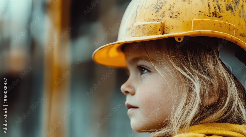 A side profile of a young girl wearing a worn yellow hard hat in a construction site, emphasizing her curiosity and dream of becoming part of the building industry. A side profile of a young girl wearing a worn yellow hard hat in a construction site, emphasizing her curiosity and dream of becoming part of the building industry.