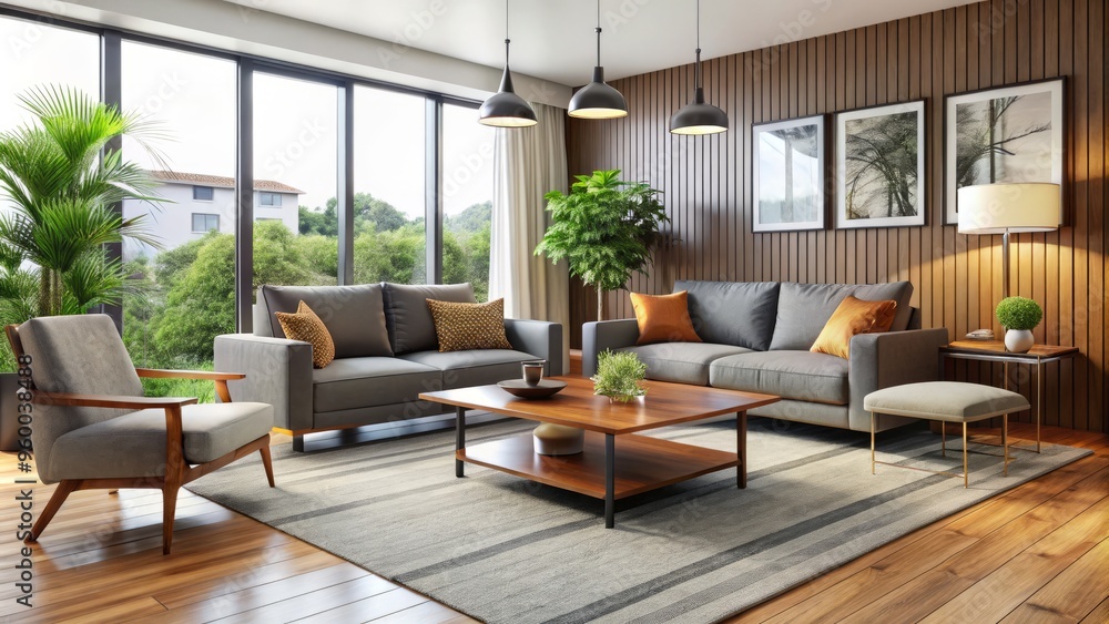 A stylish sofa sits atop a statement rug, adjacent to low-profile chairs and matching end tables, with a A stylish sofa sits atop a statement rug, adjacent to low-profile chairs and matching end tables, with a