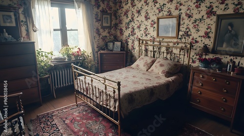 Cozy and elegant vintage inspired bedroom with brass bed frame floral wallpaper and classic wooden dressers creating a warm and inviting atmosphere photo