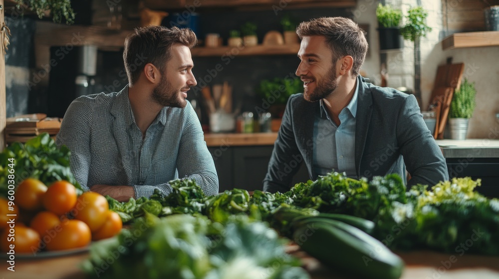 Men Discussing Fresh Vegetables in Rustic Kitchen Men Discussing Fresh Vegetables in Rustic Kitchen