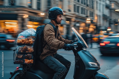 A delivery person navigates an urban street on a scooter, carrying a transparent bag filled with food parcels, exemplifying the swift services in bustling city environments.