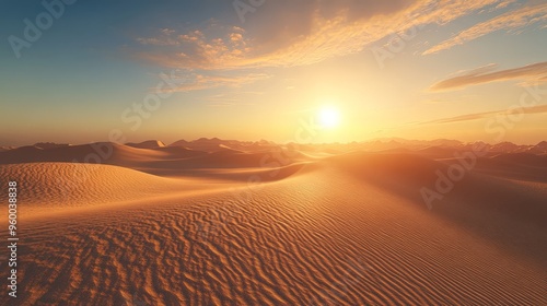 Visualize the desert sun rising over a vast expanse of sand, with its bright rays illuminating the landscape and casting long, soft shadows across the dunes