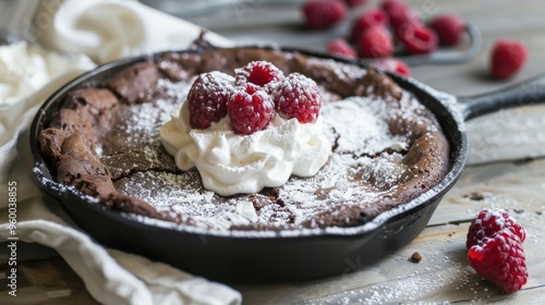 Chocolate Brownie Pizza Topped with Strawberries and Drizzle. Chocolate Skillet Cake