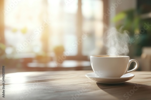 Steaming coffee cup on sunny table
