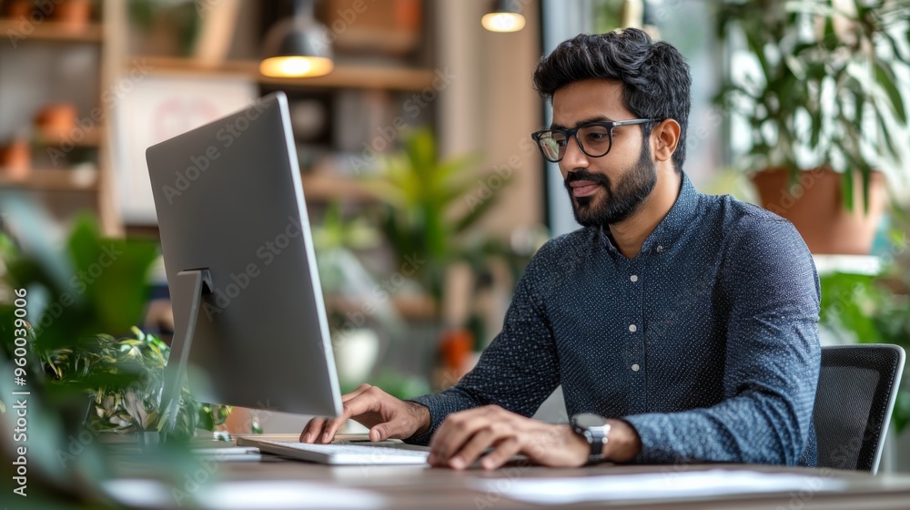 Man Working at a Computer in a Modern Office Man Working at a Computer in a Modern Office