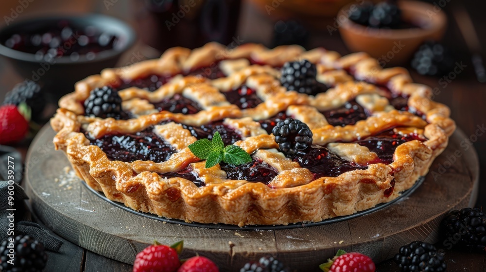 Delicious Homemade Berry Pie on Wooden Table. Blackberry Jam Pie-Crust Straws Delicious Homemade Berry Pie on Wooden Table. Blackberry Jam Pie-Crust Straws