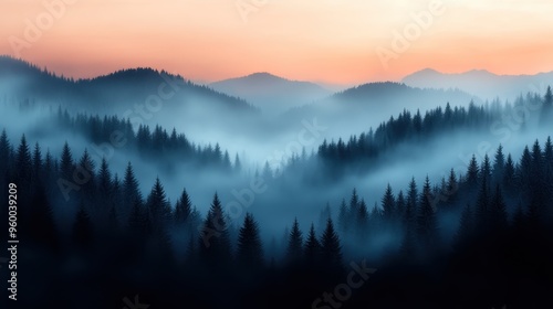 Fototapeta Naklejka Na Ścianę i Meble -  A breathtaking view of dense forest hills blanketed in mist during sunrise or sunset, exhibiting nature’s serene and ethereal beauty over a tranquil landscape of misty trees.