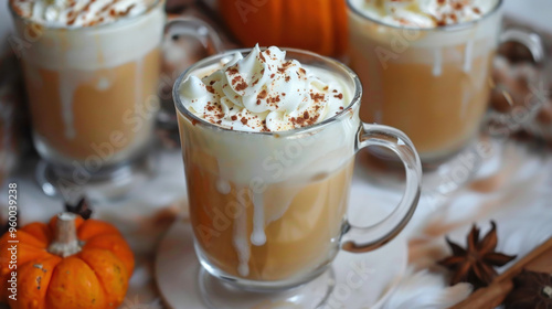 Autumnal Pumpkin Spice Latte with Whipped Cream and Cinnamon. Boozy Pumpkin White Hot Chocolate