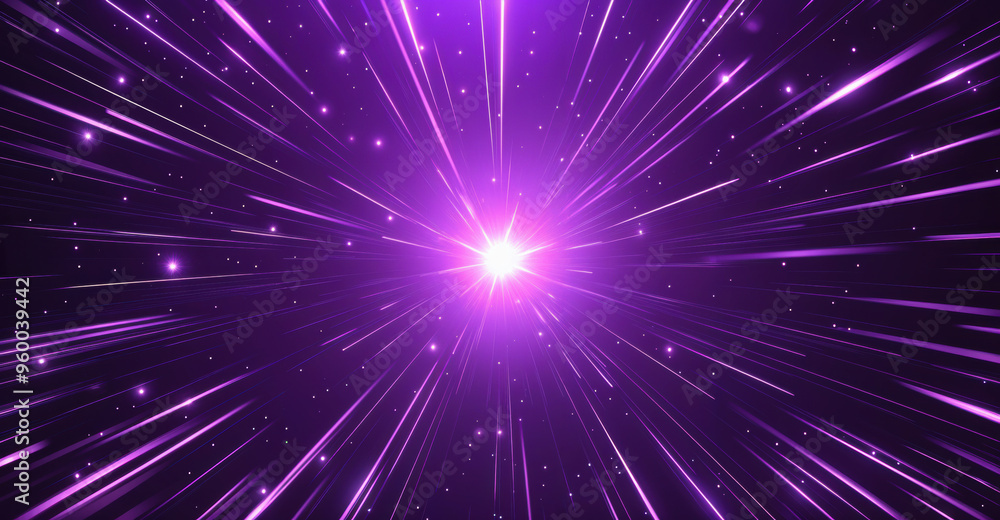 Naklejka premium Abstract background with a bright star exploding and generating purple light streaks on black background. High quality photo