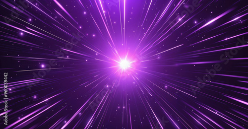 Abstract background with a bright star exploding and generating purple light streaks on black background. High quality photo