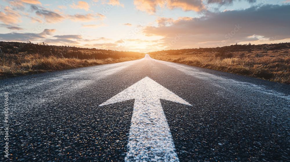 Naklejka premium A straight road with a bold white arrow pointing forward, leading into a scenic sunset, symbolizing direction and journey.