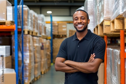 A logistics manager smiling confidently in a warehouse full of packages