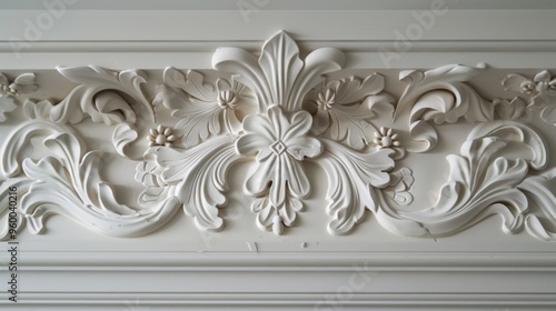 Elegant White Floral Relief on Wall Panel
