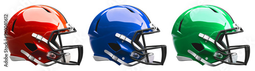 Three realistic American football helmets in red, blue and green