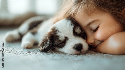 A small puppy rests peacefully beside a long-haired young child, both lying on a cozy carpet, creating a warm and serene depiction of rest and comfort in a domestic setting.