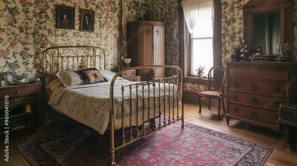 Fototapeta premium Vintage Brass Bed with Elegant Floral Wallpaper in Charming and Cozy Bedroom Interior Design Antique Furniture and Dcor Create a Timeless Nostalgic Atmosphere
