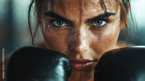 An intense close-up of a female boxer staring fixedly at the camera, with a serious and tough expression on her face, highlighting the determination and grit required in boxing.