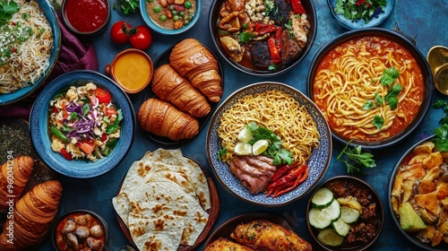 A colorful display of traditional foods from different cultures, including French croissants, Japanese ramen, Mexican enchiladas, and Moroccan couscous, elegantly plated.