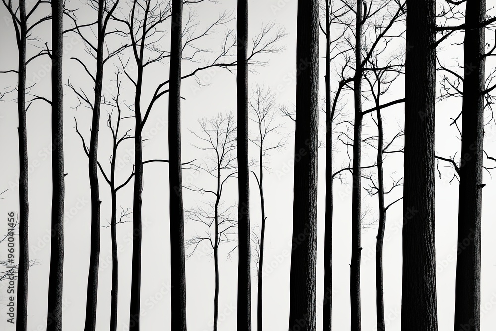 Obraz premium Stunning Silhouetted Barren Hardwood Trees Against Pristine White Background