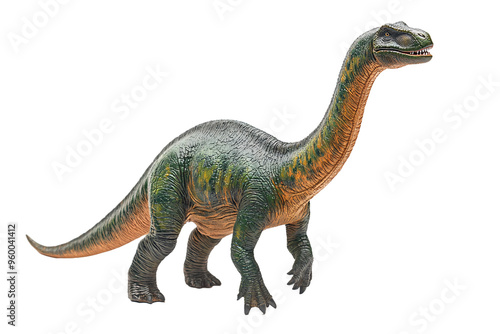 Long-necked Brachiosaurus toy figure with green and orange detailed texture, realistic dinosaur model standing upright