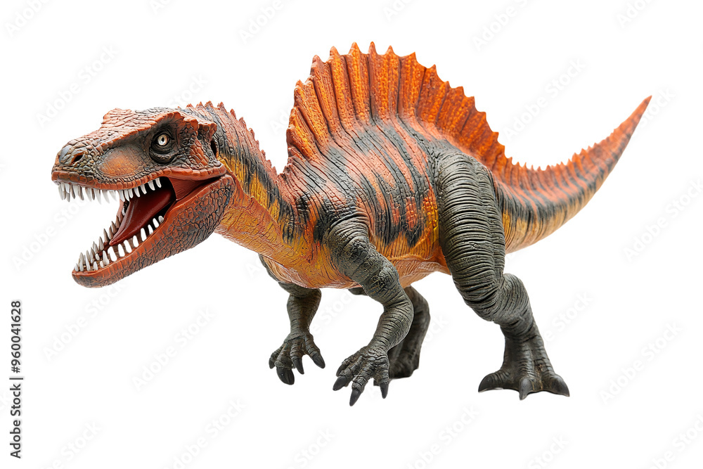 Obraz premium Spinosaurus toy figure with sail-like back, sharp teeth, detailed orange and black texture, roaring dinosaur model