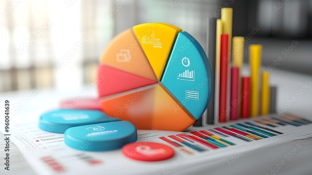 Fototapeta premium Colorful Pie Chart and Bar Graph on Desk - Data Analysis Concept