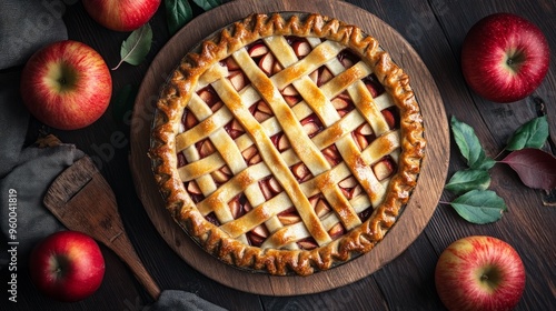 Delicious Apple Pie with Fresh Red Apples. Flat lay